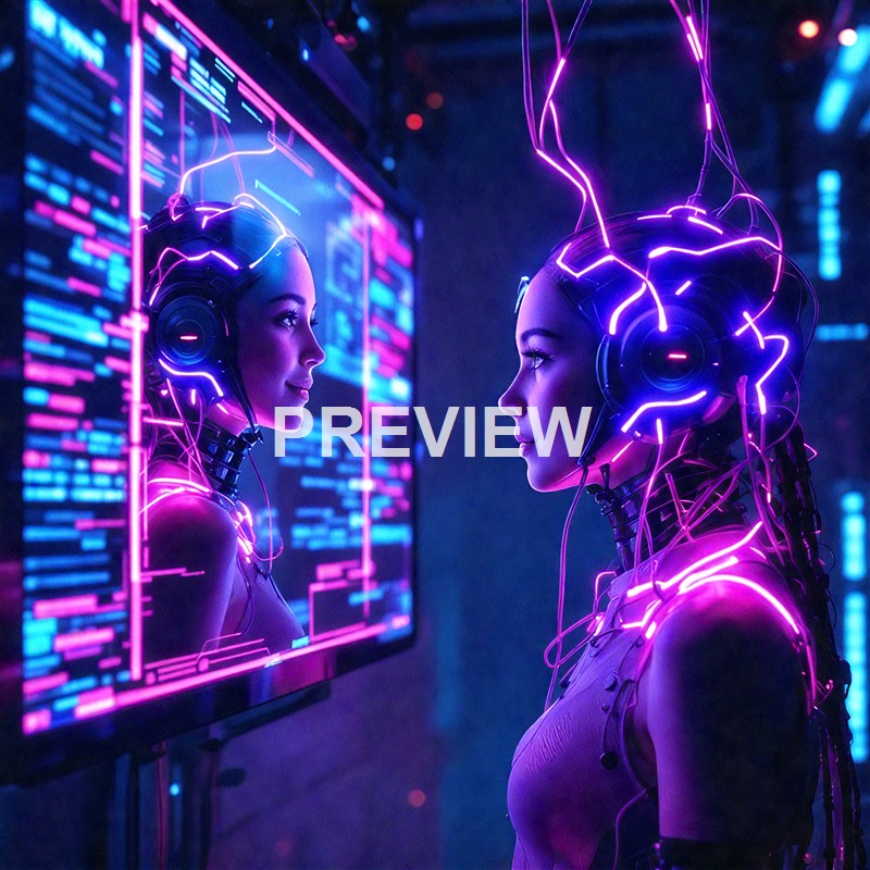 A futuristic scene featuring a woman with neon-lit cybernetic enhancements on her head and shoulders, looking at her reflection in a mirror that displays complex digital data, with vibrant purple and blue lighting illuminating the environment.